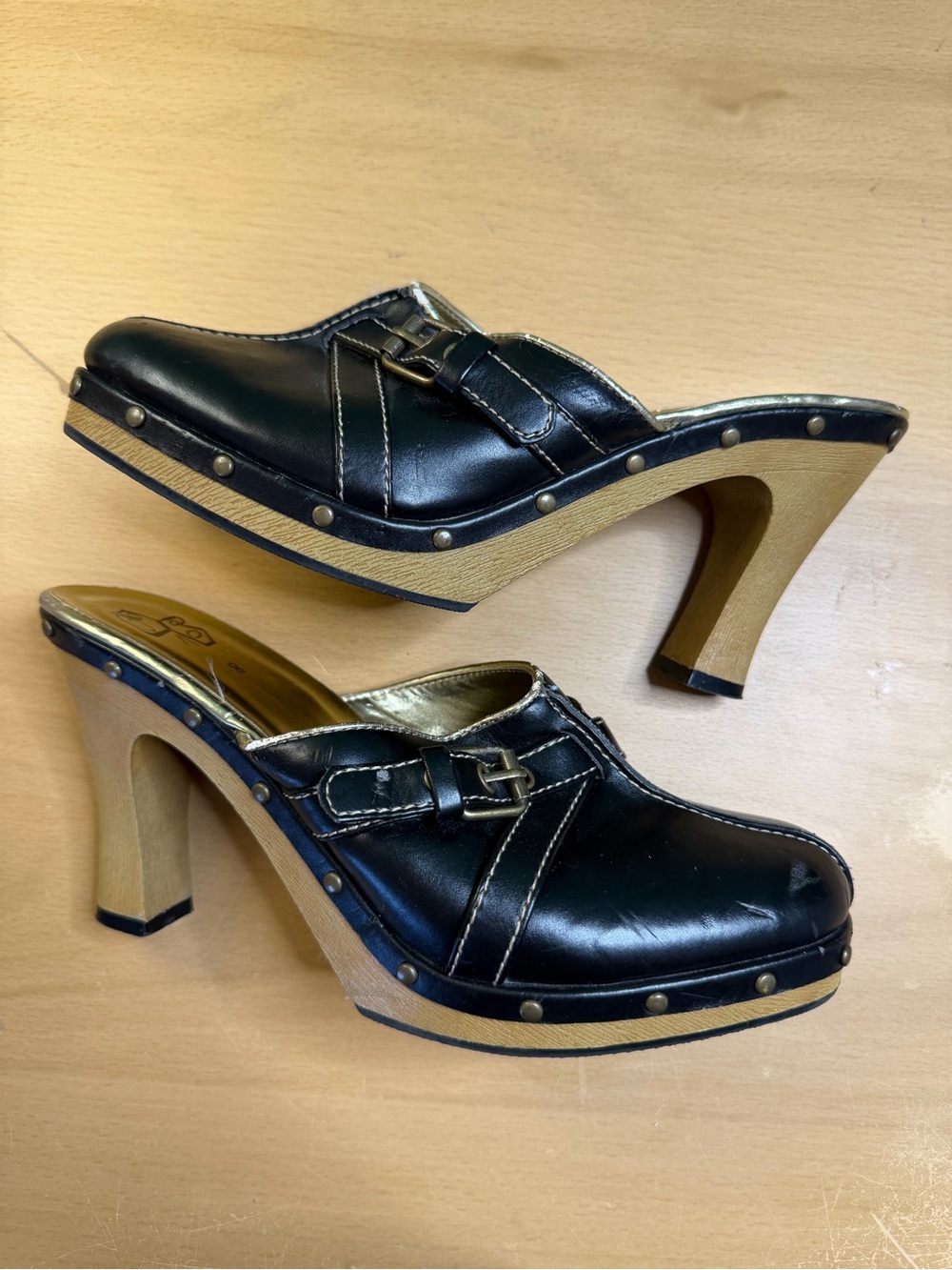 Y2K black platform mule clogs wooden heel studded 2000s